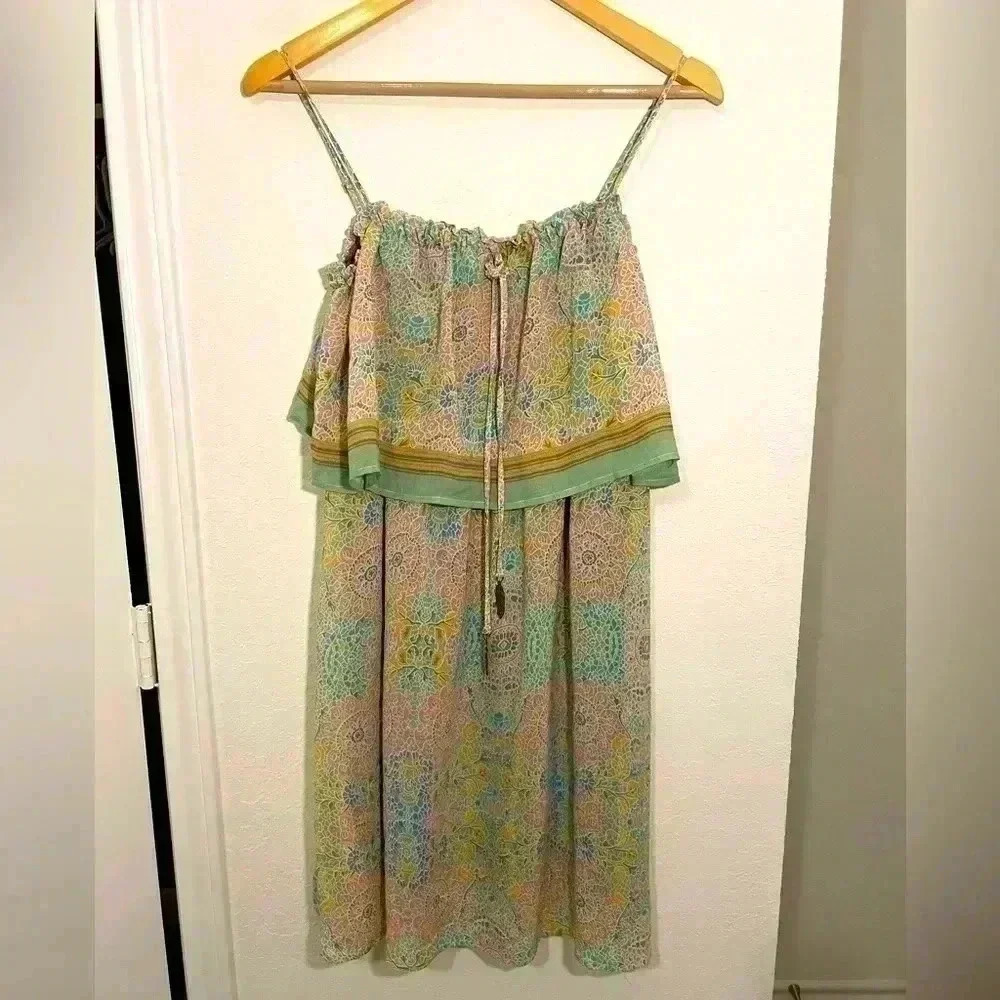 Stetson Western Sundress Green Print Feather Tassels Womens Size Medium